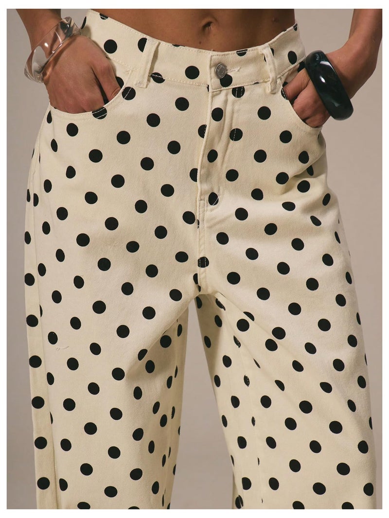WDIRARA Women's Polka Dots Jeans Vintage Mid Rise Wide Leg Denim Pants with Pockets Beige 30 - Image 4