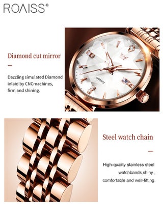 Women's Steel Strap Quartz Watch Analog Display Round White Dial with Diamond Cut Mirror Waterproof Luminous Wristwatch as Gift for Ladies - view 5