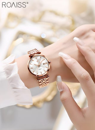 Women's Steel Strap Quartz Watch Analog Display Round White Dial with Diamond Cut Mirror Waterproof Luminous Wristwatch as Gift for Ladies - view 2