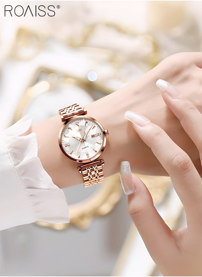 roaiss Women's Steel Strap Quartz Watch Analog Display Round White Dial with Diamond Cut Mirror Waterproof Luminous Wristwatch as Gift for Ladies  - Image 2