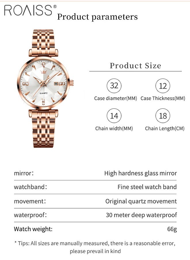 roaiss Women's Steel Strap Quartz Watch Analog Display Round White Dial with Diamond Cut Mirror Waterproof Luminous Wristwatch as Gift for Ladies  - Image 3