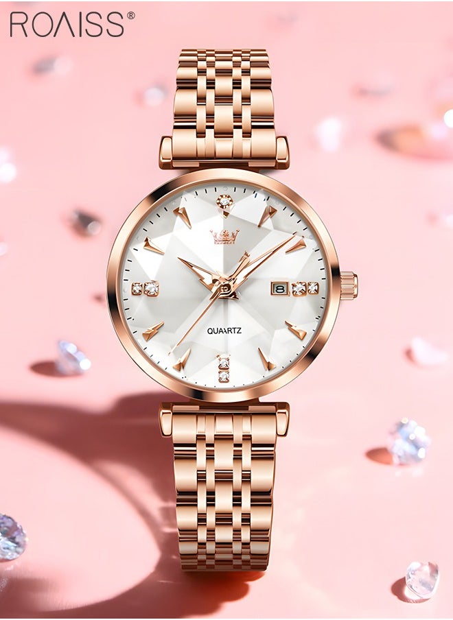 roaiss Women's Steel Strap Quartz Watch Analog Display Round White Dial with Diamond Cut Mirror Waterproof Luminous Wristwatch as Gift for Ladies  - Image 4