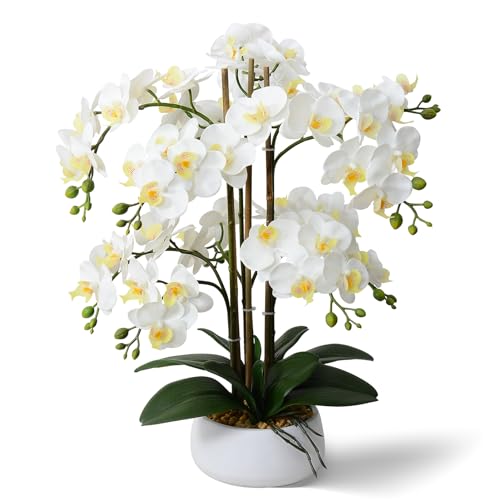 Ziwon Artificial Orchid Flowers Plants Potted in Ceramic Pot White Faux Phalaenopsis Orchids for Table Centerpiece Realistic Fake Flower Arrangement for Home Office Decor Indoor - Image 1