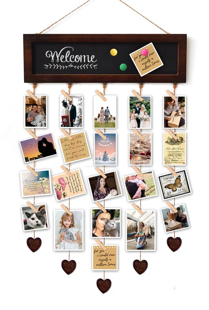 Picture Frames Collage Display Board with 30 Clips Multi Photos Cards Organizer with Adjustable Twines and Magnetic Blackboard DIY Wall Decor Hanging Picture Holder 157x5 Inches