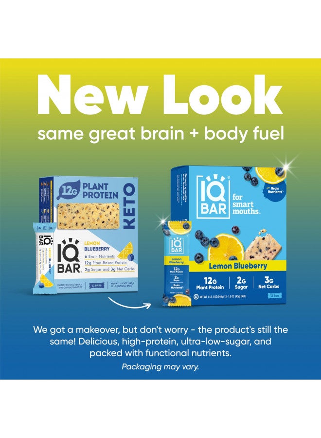 IQBAR IQBAR Brain and Body Keto Protein Bars - Lemon Blueberry- 12-Count Energy Bars - Low Carb - High Fiber Vegan Bars and Low Sugar Meal Replacement Bars - Vegan Snacks 