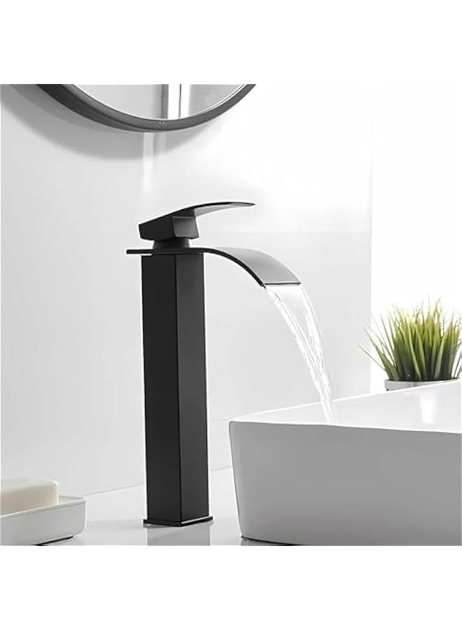 HOOKOR Black Waterfall Spout Bathroom Faucet, Tall Single Handle Bathroom Vessel Sink Faucet, Rv Lavatory Vessel Faucet Basin Mixer Tap, Solid Brass/Matte Black (Black) - Image 1