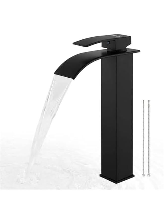 HOOKOR Black Waterfall Spout Bathroom Faucet, Tall Single Handle Bathroom Vessel Sink Faucet, Rv Lavatory Vessel Faucet Basin Mixer Tap, Solid Brass/Matte Black (Black) - Image 2