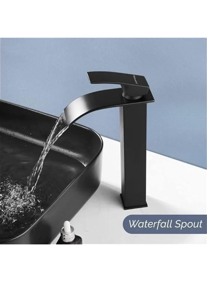 HOOKOR Black Waterfall Spout Bathroom Faucet, Tall Single Handle Bathroom Vessel Sink Faucet, Rv Lavatory Vessel Faucet Basin Mixer Tap, Solid Brass/Matte Black (Black) - Image 4