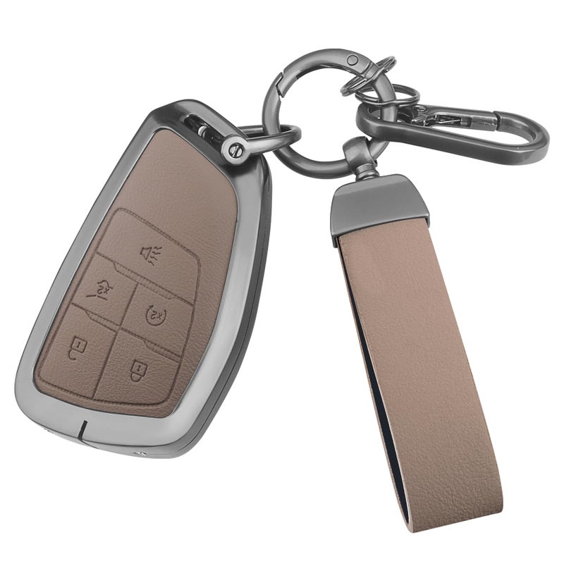 FT FUNTOR for Chevrolet Tahoe Metal Key Fob Cover,PU Leather,Zinc Alloy Key Case Protector,for GMC Yukon Denali Sierra 2021-2025,for Chevy Silverado Suburban Tahoe 2022-2024 (Brown, 5 Button) - Image 1