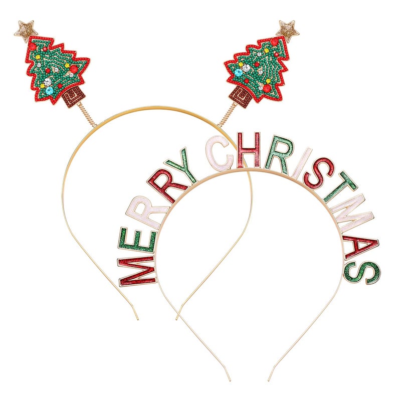 boderier Christmas Headbands for Women Beaded Christmas Tree Headband Glitter MERRY CHRISTMASS Tiara Headband Xmas Festive Party Hair Accessories Gifts - Image 3