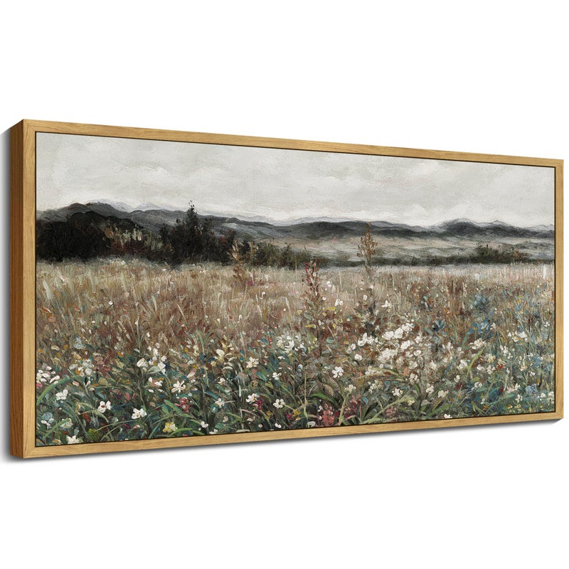 KUVIOKE Vintage Landscape Framed Wall Art Meadow Sea of Flower Wall Prints Classic Retro Farmhouse Rustic Decorations for Living Room Bedroom 8x16in Natural Framed