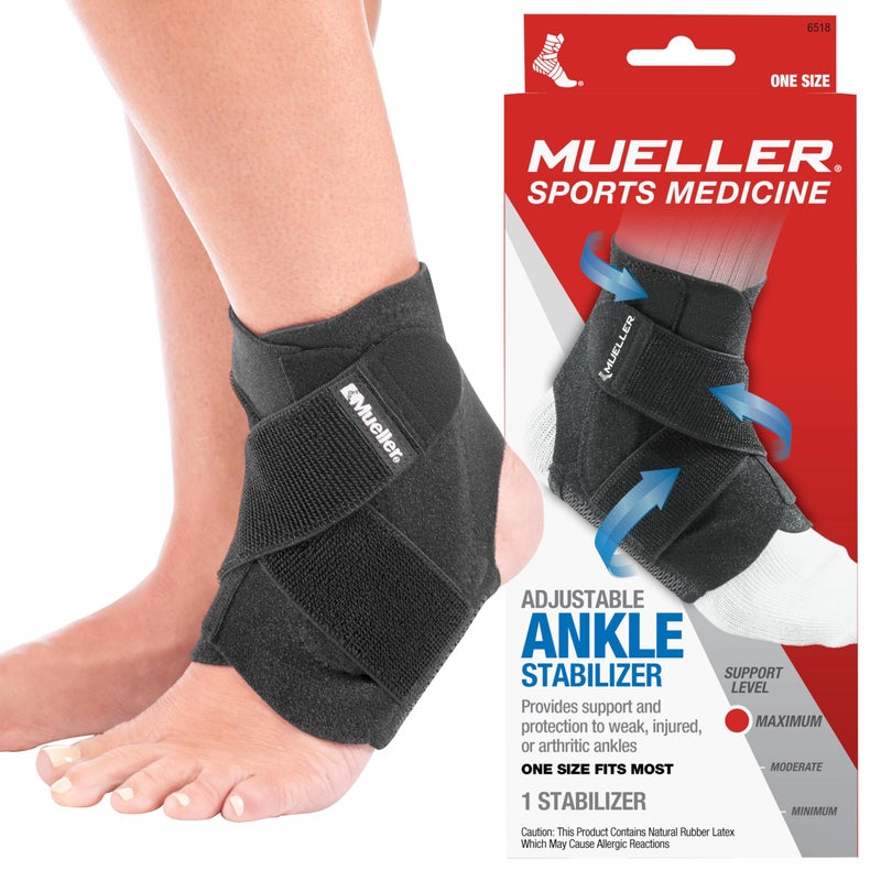 MUELLER Sports Medicine Adjustable Ankle Brace for Men and Women Ankle Stabilizer for Compression and Pain Relief Support Ideal for Sprains Strains Arthritis Black One Size