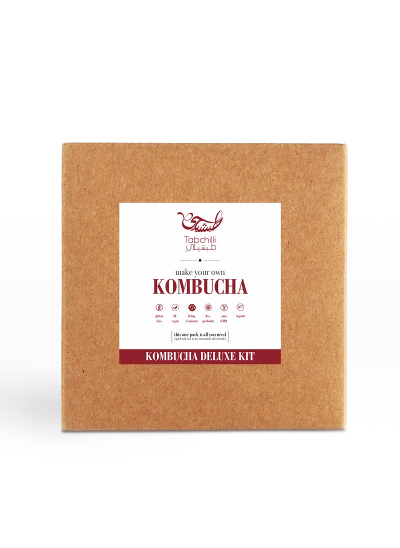 Tabchilli - Tabchilli Deluxe Kombucha Starter Kit, Includes Organic SCOBY with 250ml Starter Liquid, 2L Glass Jar, Organic Sugar Blend, Tea Blend, PH Strips, Temperature Strip, Cotton Cloth, and Recipe Card, High-Quality Deluxe Kombucha SCOBY Starter Kit - Image 1