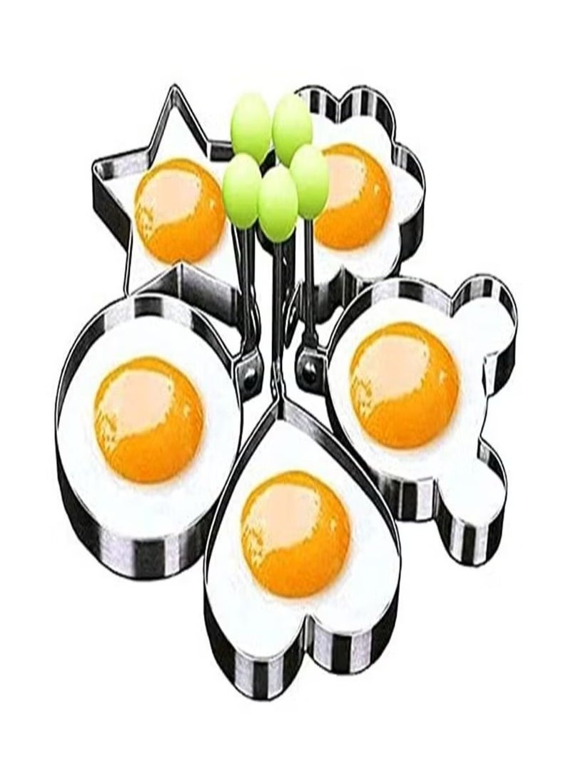5-Piece Stainless Steel Egg Pancake Round, Heart, Flower, Five-Pointed Star and Mickey Mouse Shaped Mold Ring Kitchen Utensil for Creative Breakfast Set - Image 1
