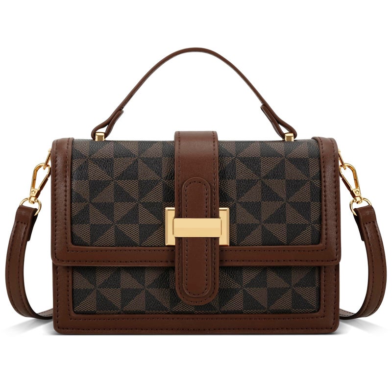 KKXIU Crossbody Bags for Women - Top Handle Purses for Lady, Leather Handbags Shoulder Clutch with Adjustable Shoulder Strap (Brown Checkered) - Image 1