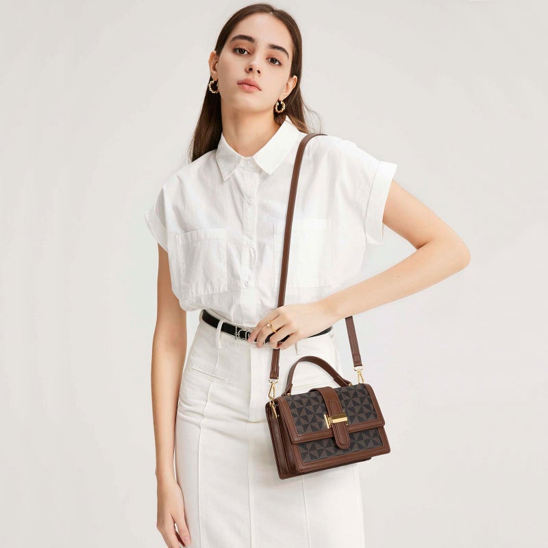 KKXIU Crossbody Bags for Women - Top Handle Purses for Lady, Leather Handbags Shoulder Clutch with Adjustable Shoulder Strap (Brown Checkered) - Image 2