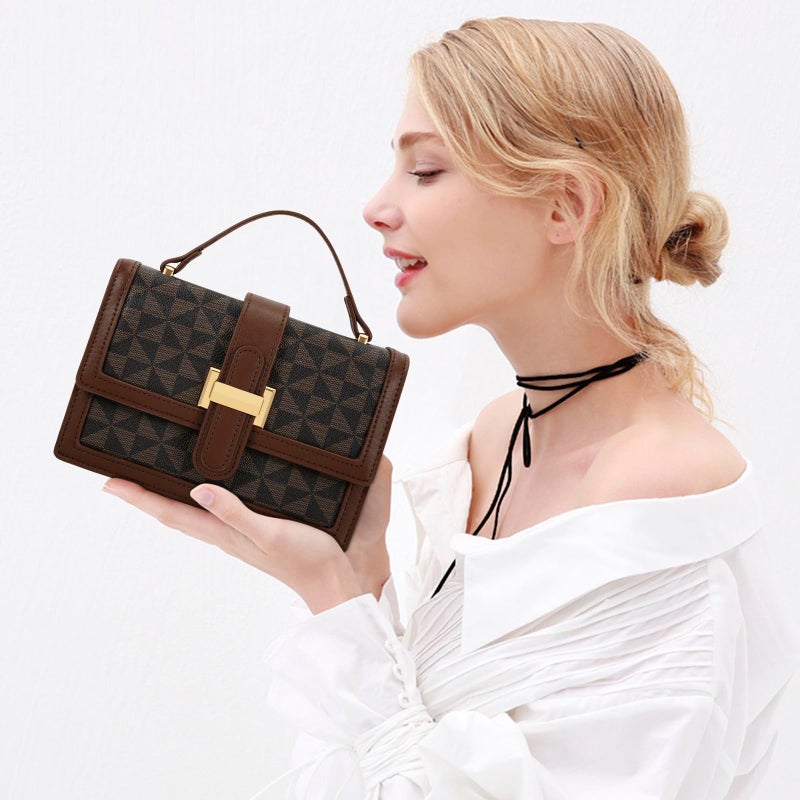 KKXIU Crossbody Bags for Women - Top Handle Purses for Lady, Leather Handbags Shoulder Clutch with Adjustable Shoulder Strap (Brown Checkered) - Image 3
