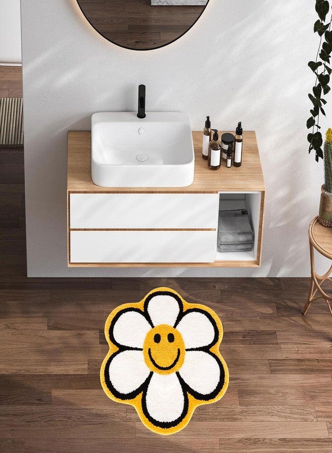 Whaline Smile Face Bath Rug Sunflower Happy Face Tufted Bath Mat Non Slip Absorbent Bathroom Shower Rugs Front Door Water Absorption Fluffy Carpet Floor Mat for Kitchen Bedroom Entrance Toilet Bathtub - Image 5