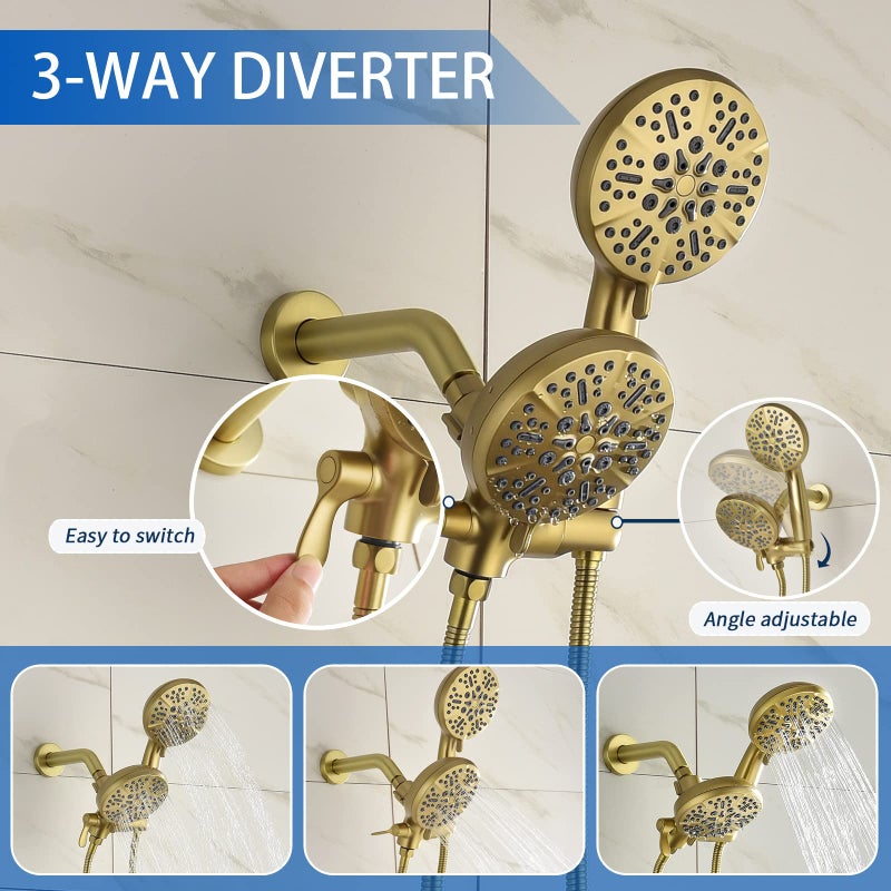 DIFEINI Dual Shower Faucet Set with Tub Spout Tub and Shower Faucet Set Complete Dual Shower Head and Handheld Combo Shower System with Tub Spout Tub and Shower Trim Kit Brushed Gold - Image 3