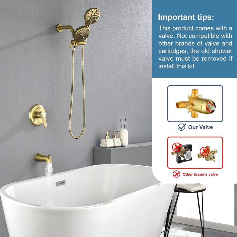 DIFEINI Dual Shower Faucet Set with Tub Spout Tub and Shower Faucet Set Complete Dual Shower Head and Handheld Combo Shower System with Tub Spout Tub and Shower Trim Kit Brushed Gold - Image 2