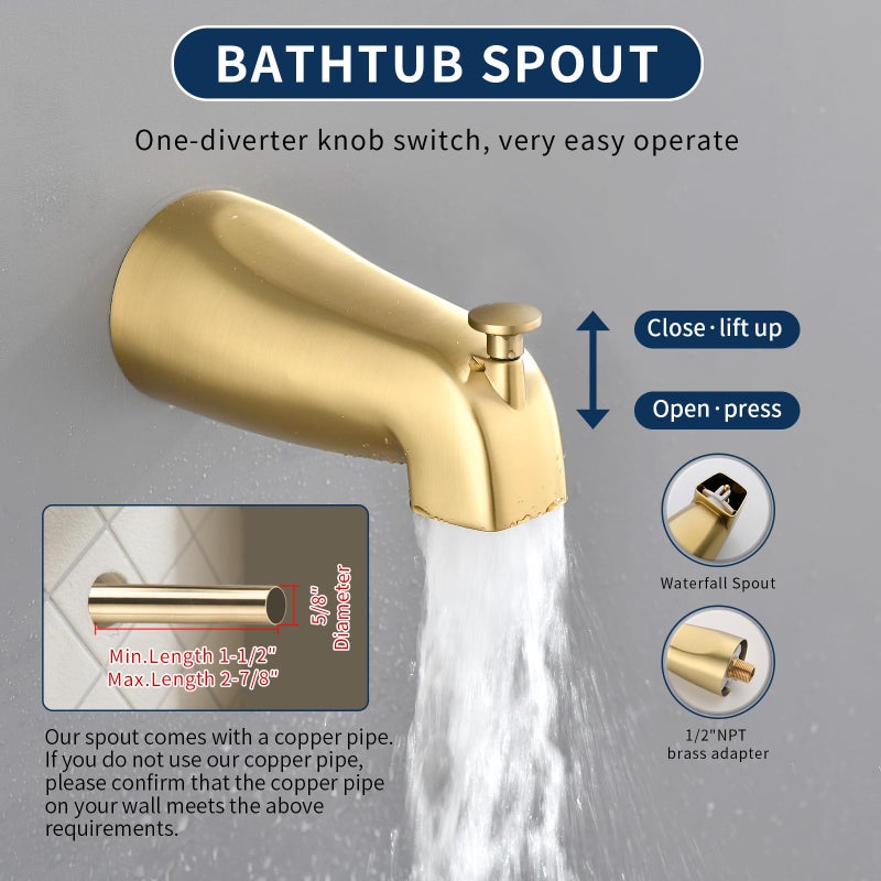 DIFEINI Dual Shower Faucet Set with Tub Spout Tub and Shower Faucet Set Complete Dual Shower Head and Handheld Combo Shower System with Tub Spout Tub and Shower Trim Kit Brushed Gold - Image 5