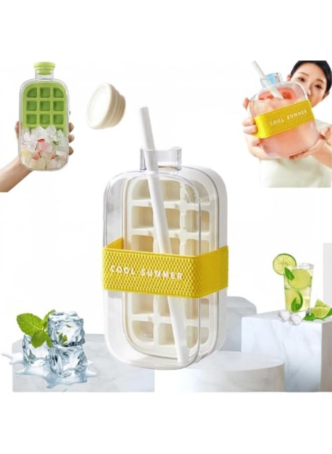 Ice Cube Bottle, 2 in 1 Touch Free Ice Cube Tray Water Bottle, Press to Release, Tray Easy Release, Complete with A Built In Straw, Perfect for Travel (White, 800ML)  - Image 1