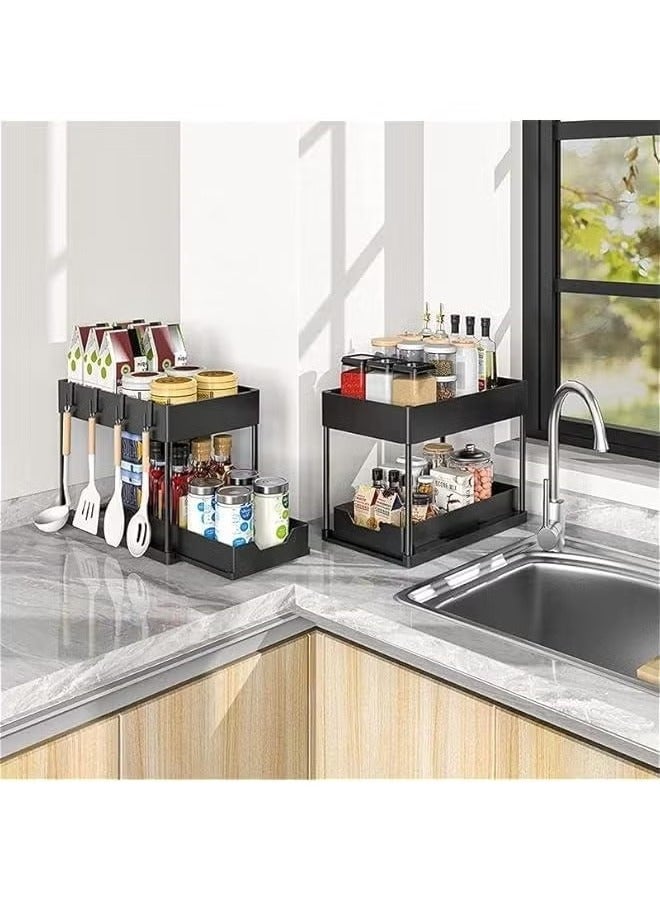 HOMESTAR Under Sliding Cabinet Basket Organizer, 2 Tier Under Sink Organizers with 1 Hanging Cup & 4 hooks, Multi-purpose Storage Pull Out Sliding Drawer, Storage Under Cabinet for Kitchen, Bathroom - Image 3