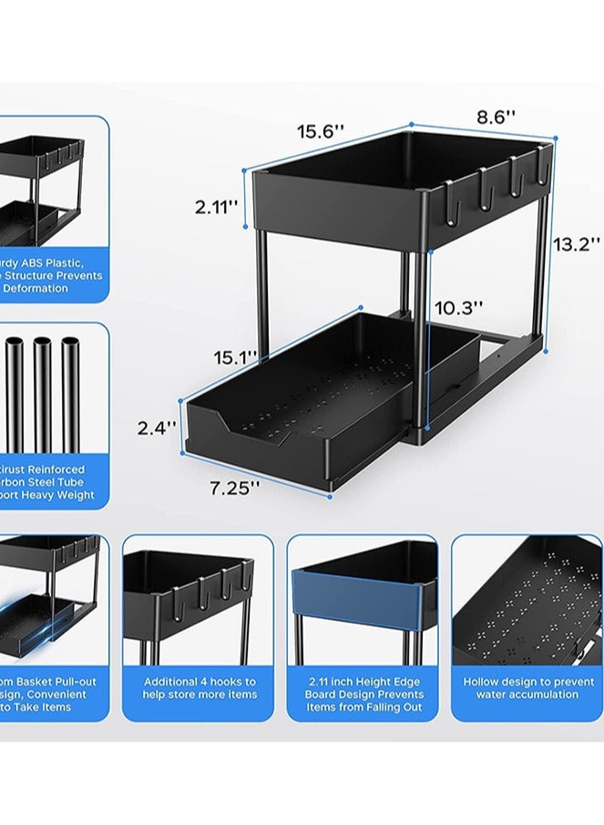 HOMESTAR Under Sliding Cabinet Basket Organizer, 2 Tier Under Sink Organizers with 1 Hanging Cup & 4 hooks, Multi-purpose Storage Pull Out Sliding Drawer, Storage Under Cabinet for Kitchen, Bathroom - Image 4