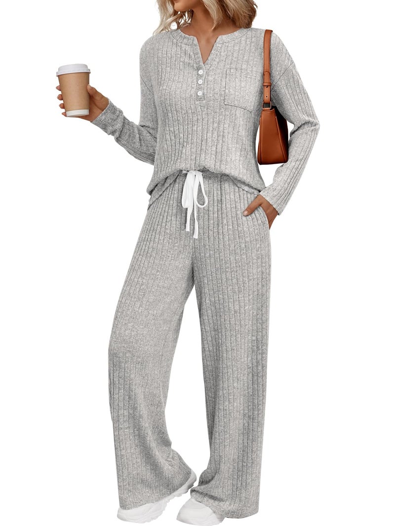 LILLUSORY Womens 2 Piece Lounge Sets Matching Airport Travel Outfits 2026 Spring Clothing Fall Pajamas Sweat Suits Pockets GreyApricot L - Image 1