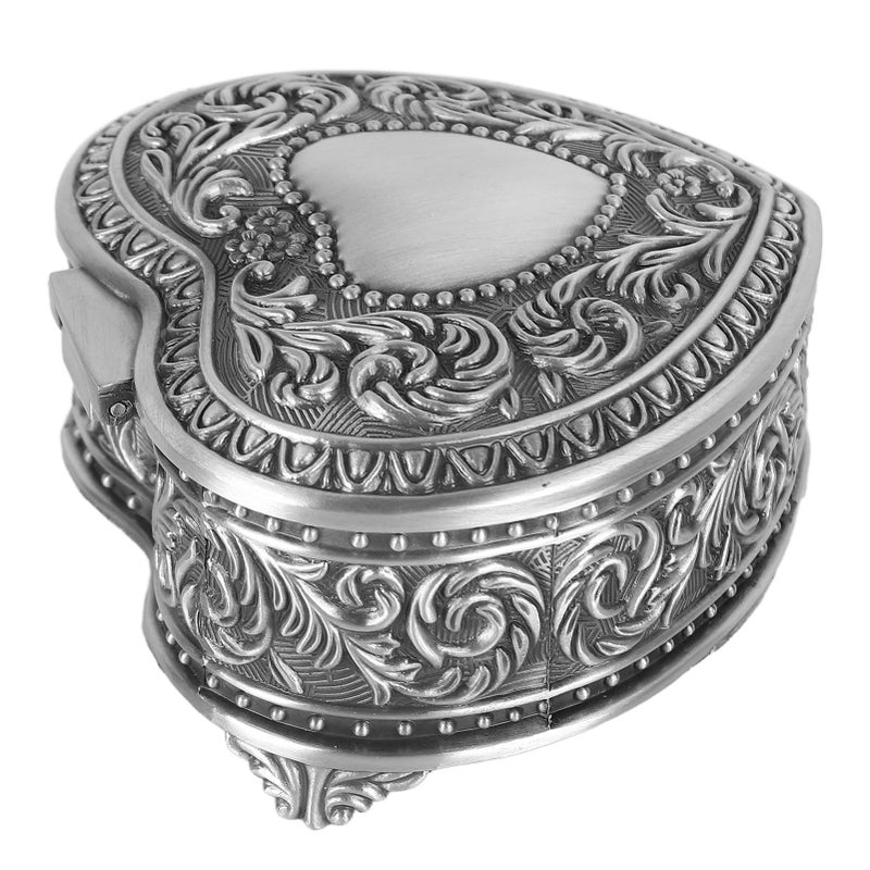 Vintage Heart Shape Jewelry Box Antique Silver With Fluff Lining For Rings Earrings Brooch - Image 4