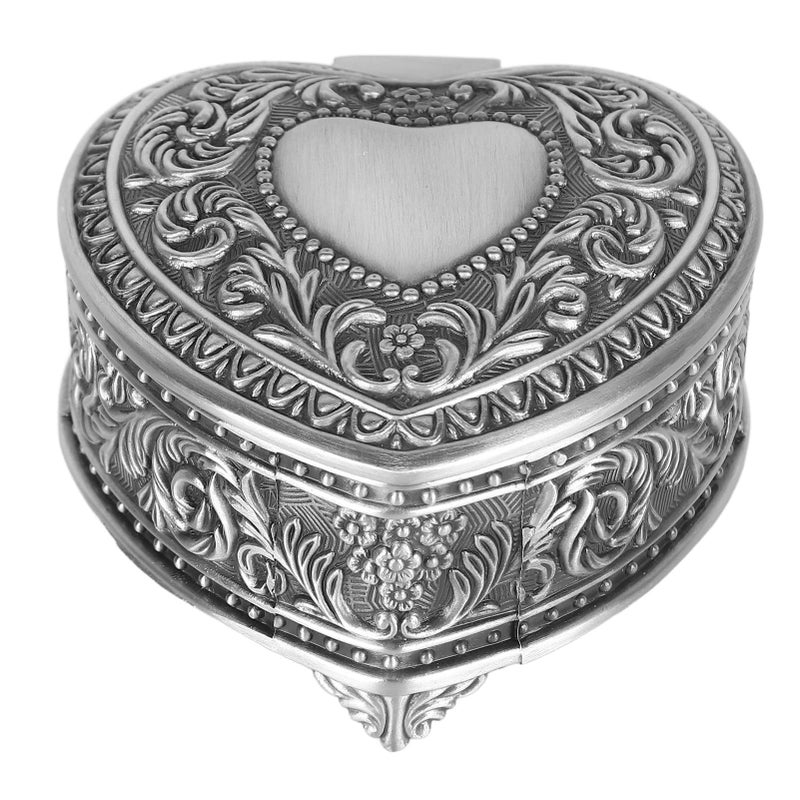 Vintage Heart Shape Jewelry Box Antique Silver With Fluff Lining For Rings Earrings Brooch - Image 2