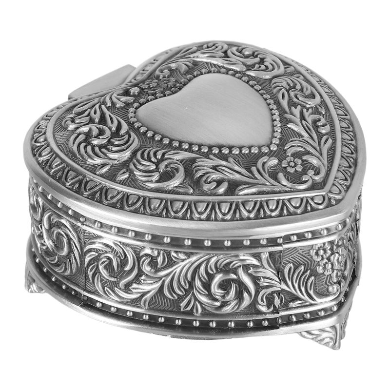 Vintage Heart Shape Jewelry Box Antique Silver With Fluff Lining For Rings Earrings Brooch - Image 3