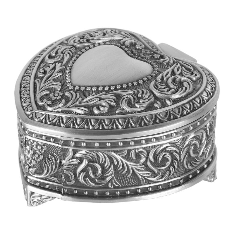 Vintage Heart Shape Jewelry Box Antique Silver With Fluff Lining For Rings Earrings Brooch - Image 5