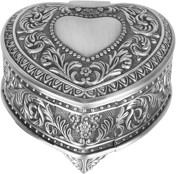 Vintage Heart Shape Jewelry Box Antique Silver With Fluff Lining For Rings Earrings Brooch - Image 1
