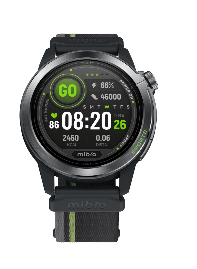 ميبرو ساعة ميبرو GS Active 2 رمادي غامق – شاشة AMOLED 1.32 بوصة، GPS مزدوج، مقاومة للماء 5ATM، دعم مكالمات بلوتوث، أكثر من 150 وضع رياضي، خطط تدريب للجري، مراقبة الصحة، 15 يوم استخدام - Image 1