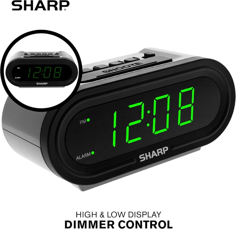 SHARP منبه رقمي مع AccuSet - ساعة ذكية تلقائية، لا تحتاج إلى إعداد - رائعة لكبار السن، الأطفال، وكل من لا يريد ضبط الساعة! علبة فضية مع LEDs خضراء - Image 5