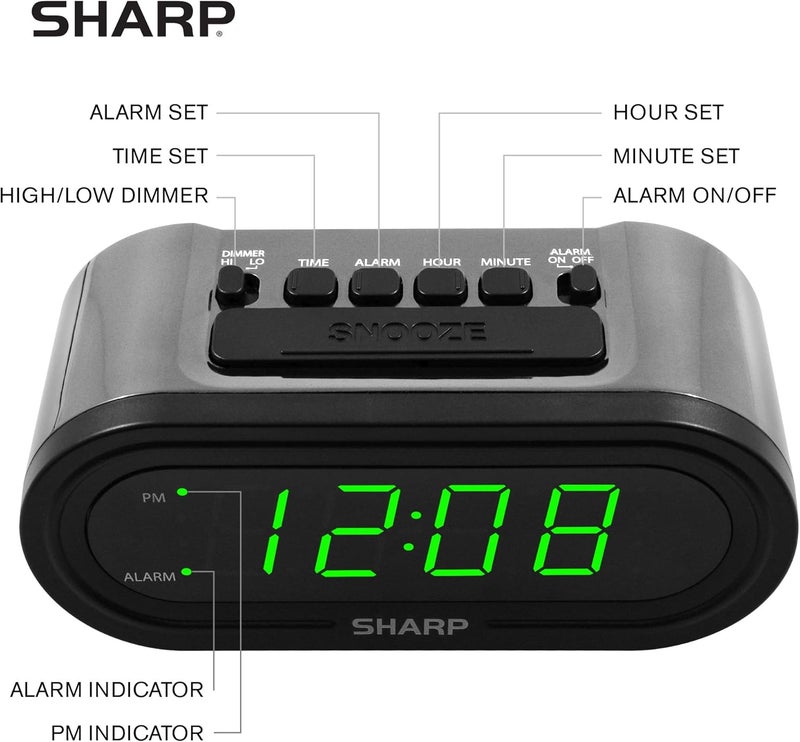 SHARP منبه رقمي مع AccuSet - ساعة ذكية تلقائية، لا تحتاج إلى إعداد - رائعة لكبار السن، الأطفال، وكل من لا يريد ضبط الساعة! علبة فضية مع LEDs خضراء - Image 3