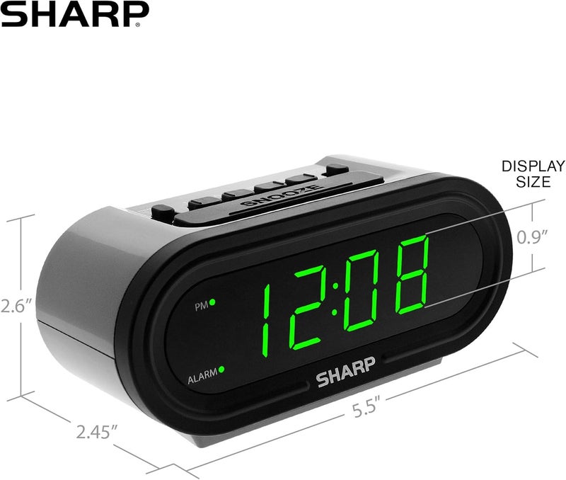 SHARP منبه رقمي مع AccuSet - ساعة ذكية تلقائية، لا تحتاج إلى إعداد - رائعة لكبار السن، الأطفال، وكل من لا يريد ضبط الساعة! علبة فضية مع LEDs خضراء - Image 4