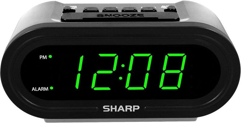 SHARP منبه رقمي مع AccuSet - ساعة ذكية تلقائية، لا تحتاج إلى إعداد - رائعة لكبار السن، الأطفال، وكل من لا يريد ضبط الساعة! علبة فضية مع LEDs خضراء - Image 1