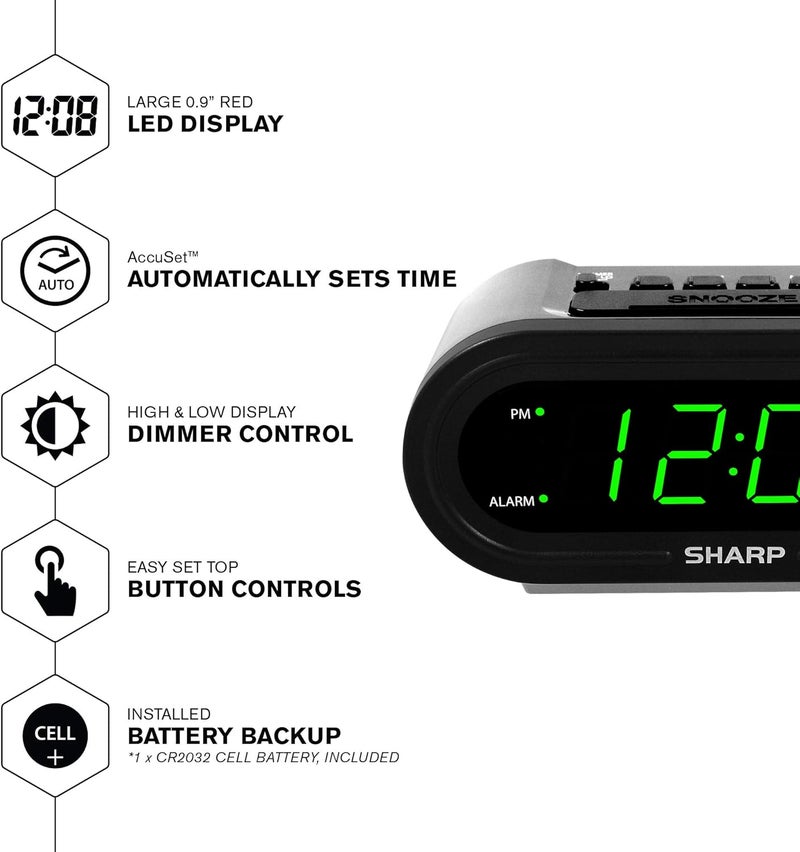 SHARP منبه رقمي مع AccuSet - ساعة ذكية تلقائية، لا تحتاج إلى إعداد - رائعة لكبار السن، الأطفال، وكل من لا يريد ضبط الساعة! علبة فضية مع LEDs خضراء - Image 2