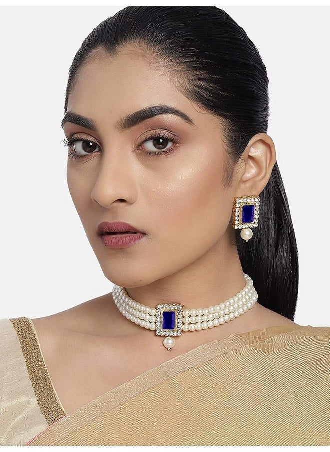 I Jewels I Jewels Gold Plated Traditional Stone Pearl Choker Necklace Jewellery Set For Women/Girls (ML237Bl)  - Image 3