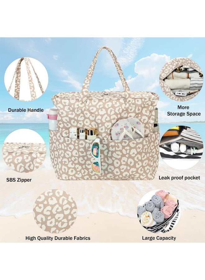 LEDAOU Beach Bag Waterproof Sandproof Women Tote Bag Pool Bag with Zipper for Gym Grocery Travel with Wet Pocket, Brown Leopard Print 44, Large - Image 4