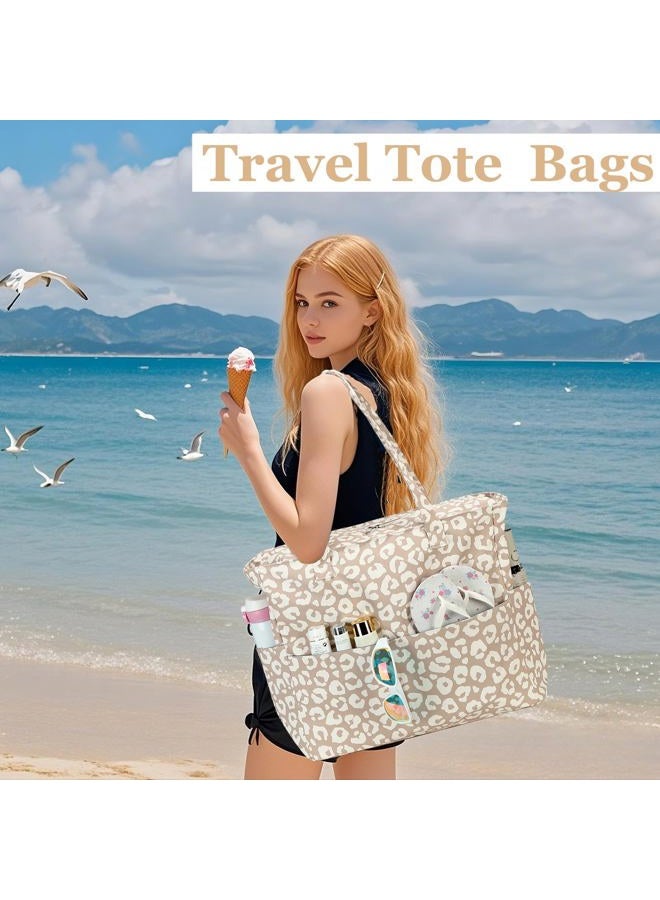 LEDAOU Beach Bag Waterproof Sandproof Women Tote Bag Pool Bag with Zipper for Gym Grocery Travel with Wet Pocket, Brown Leopard Print 44, Large - Image 5