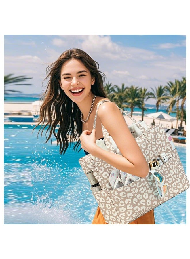 LEDAOU Beach Bag Waterproof Sandproof Women Tote Bag Pool Bag with Zipper for Gym Grocery Travel with Wet Pocket, Brown Leopard Print 44, Large - Image 3