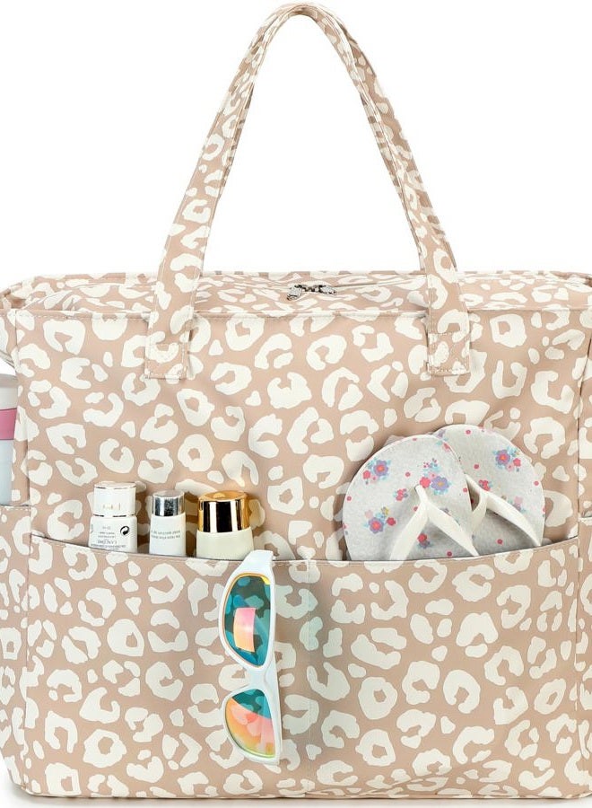 LEDAOU Beach Bag Waterproof Sandproof Women Tote Bag Pool Bag with Zipper for Gym Grocery Travel with Wet Pocket, Brown Leopard Print 44, Large - Image 1