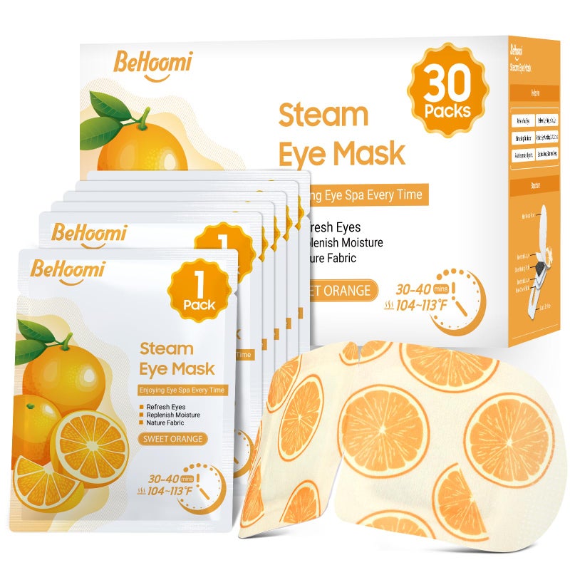 BeHoomi 30Packs Steam Eye Mask, Heated Eye Mask Warm Compress for Eyes, Self Heating Disposable Steam Mask for Home Sleep, Spa, Travel Essentials & Relaxation Gifts, Stocking Stuffers (Sweet Orange) - Image 1