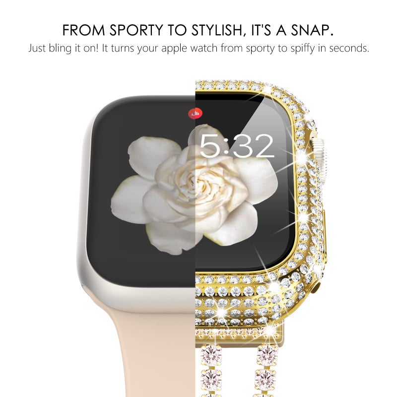 KADES Compatible for Apple Watch Band with Case Series SE 6 5 4, Sparkling Bling Diamond Bracelet with Full Diamonds Protective Bumper Built-in Tempered Glass Screen Protector (40mm, Gold) - Image 3