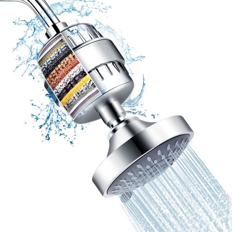 FEELSO Shower Head and 15 Stage Shower Filter Combo, High Pressure 5 Spray Settings Filtered Showerhead with Water Softener Filter Cartridge for Hard Water Remove Chlorine and Harmful Substances - Image 1