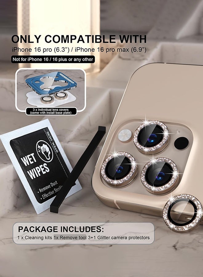 SUNDAREE Compatible for iPhone 16 Pro/iPhone 16 Pro Max Camera Lens Protector Bling, 9H Tempered Glass Camera Cover Screen Protector Metal Ring Decoration Accessories(Glitter-Titanium Desert) - Image 2