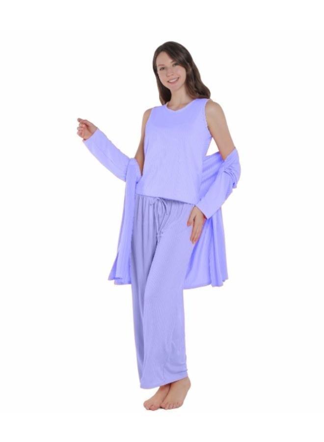 3 Piece Woman Pajamas Ribbed Cardigan Sweater Tops And Pants Loungewear Set For Women - Image 1